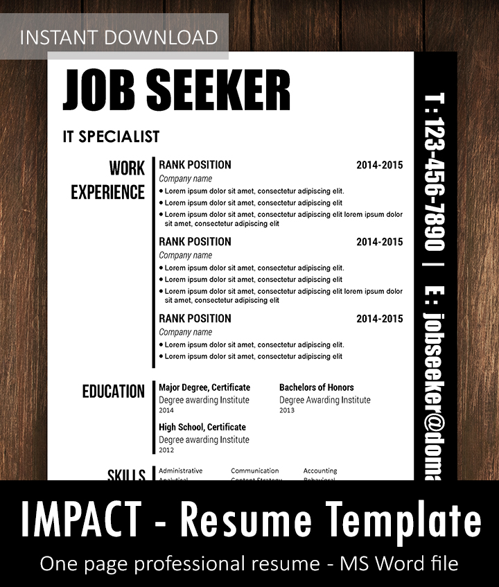 Impact – One page professional Resume Template CV with formal format and creative design in Word file
