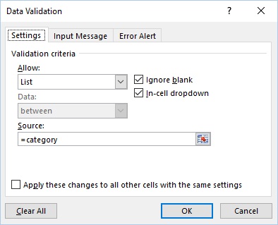 excel journal category list