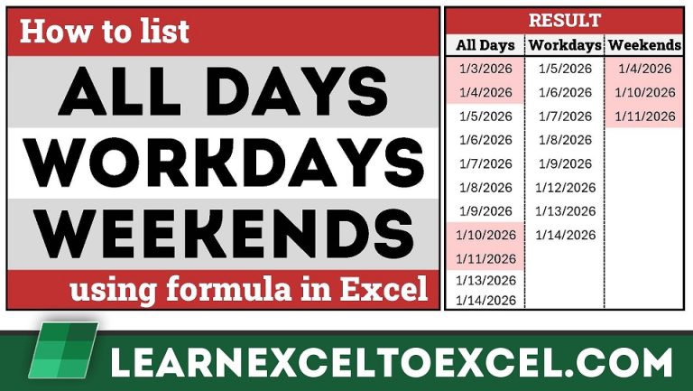 List all dates workdays weekends between dates using formula in excel